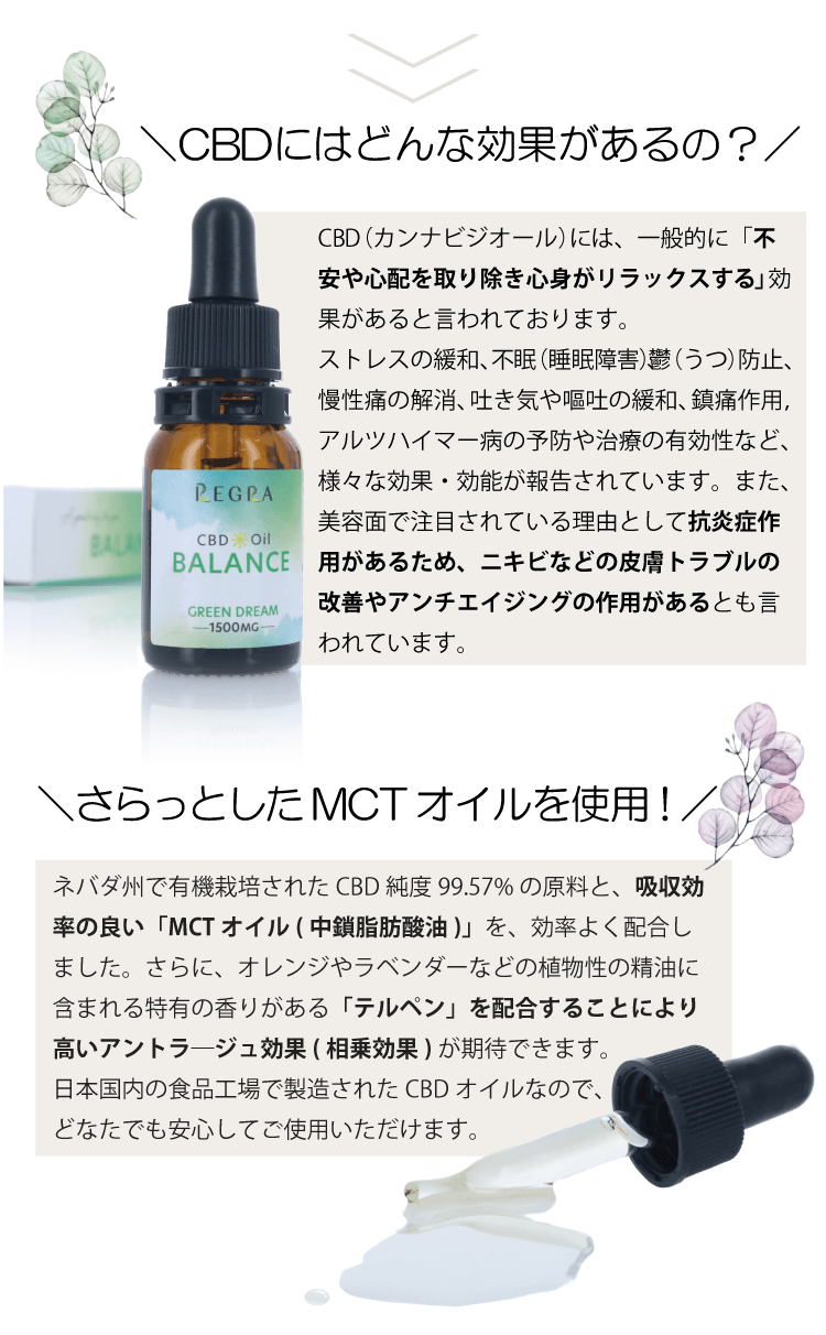 CBDにはどんな効果があるの？CBD（カンナビジオール）には、一般的に「不安や心配を取り除き心身がリラックスする」効果があると言われております。ストレスの緩和、不眠（睡眠障害）、鬱（うつ）防止、慢性痛の解消、吐き気や嘔吐の緩和、鎮痛作用，アルツハイマー病の予防や治療の有効性など、様々な効果・効能が報告されています。また、美容面で注目されている理由として抗炎症作用があるため、ニキビなどの皮膚トラブルの改善やアンチエイジングの作用があるとも言われています。さらっとしたMCT オイルを使用！ネバダ州で有機栽培されたCBD 純度99.57% の原料と、吸収効率の良い「MCT オイル( 中鎖脂肪酸油)」を、効率よく配合しました。さらに、オレンジやラベンダーなどの植物性の精油に含まれる特有の香りがある「テルペン」を配合することにより高いアントラ―ジュ効果( 相乗効果) が期待できます。日本国内の食品工場で製造されたCBD オイルなので、どなたでも安心してご使用いただけます。