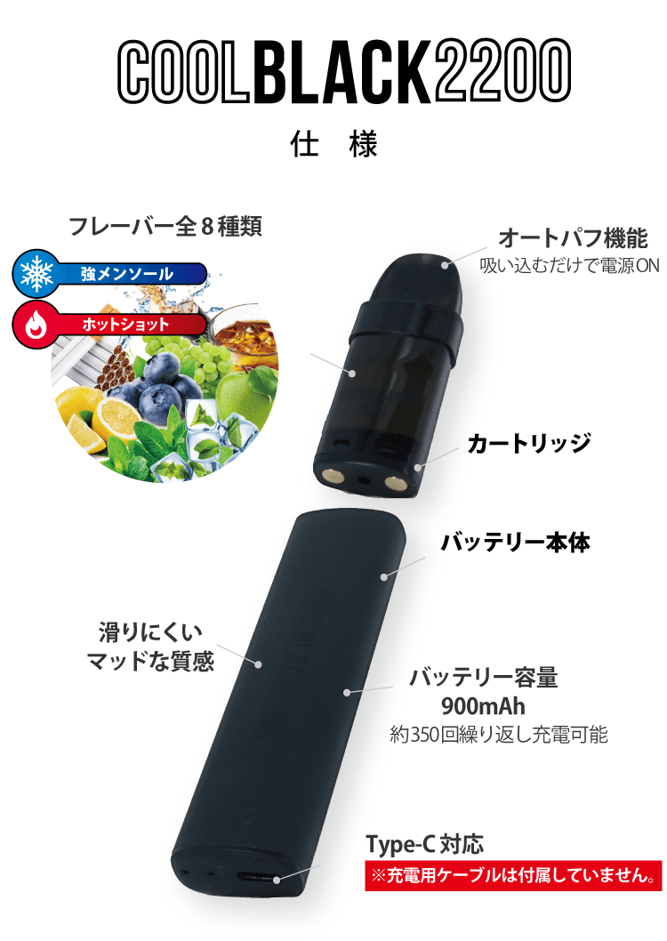 仕様 オートパフ機能 吸い込むだけで電源ON フレーバー全8 種類/滑りにくいマッドな質感/バッテリー容量 900mAh 約350回繰り返し充電可能/Type-C 対応 ※充電用ケーブルは付属していません。