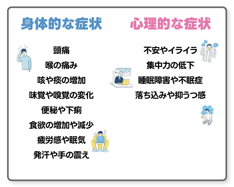 身体的な症状 頭痛 喉の痛み 咳や痰の増加 味覚や嗅覚の変化 便秘や下痢 食欲の増加や減少 疲労感や眠気 発汗や手の震え/心理的な症状 不安やイライラ 集中力の低下 睡眠障害や不眠症 落ち込みや抑うつ感