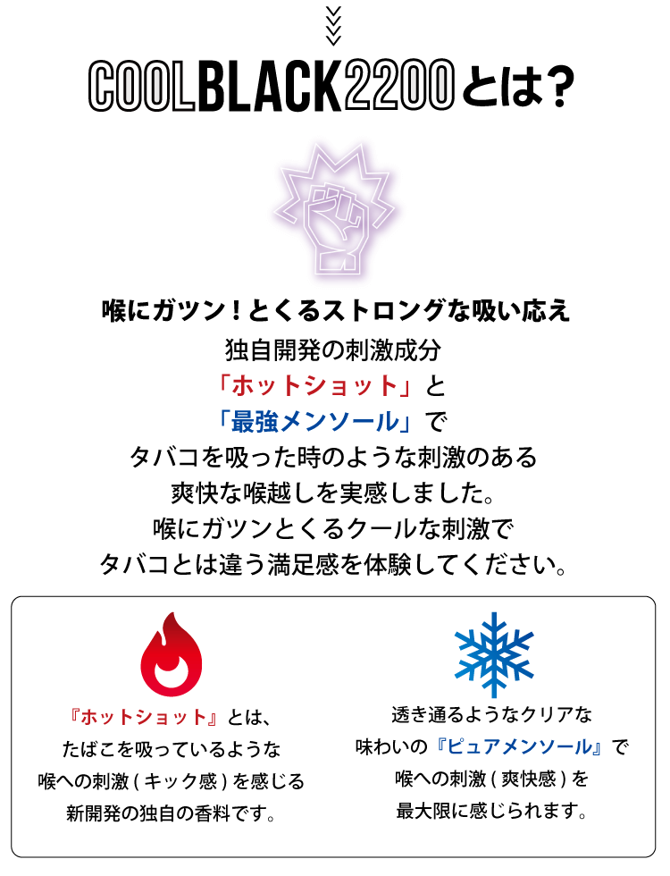 喉にガツン! とくるストロングな吸い応え タバコを吸った時のような刺激のある爽快な喉越しを実感しました。喉にガツンとくるクールな刺激でタバコとは違う満足感を体験してください。『ホットショット』とは、たばこを吸っているような喉への刺激( キック感) を感じる新開発の独自の香料です。透き通るようなクリアな味わいの『ピュアメンソール』で喉への刺激( 爽快感) を最大限に感じられます。