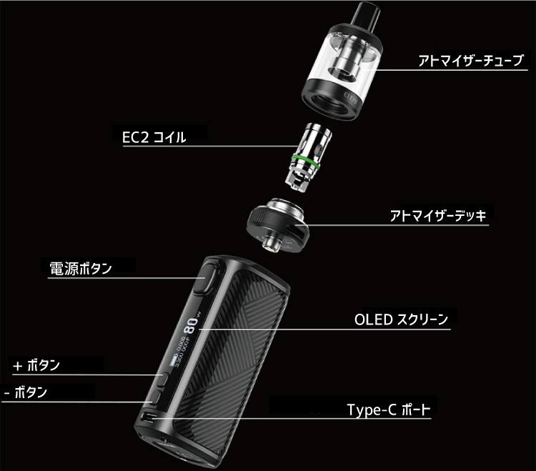 アトマイザーチューブ EC2 コイル アトマイザーデッキ OLED スクリーン + ボタン - ボタン Type-C ポート