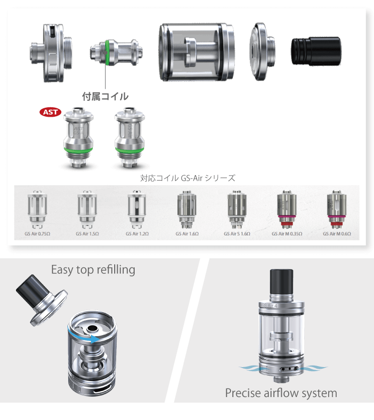 対応コイルGS-Airシリーズ Easy top refilling Precise airflow system