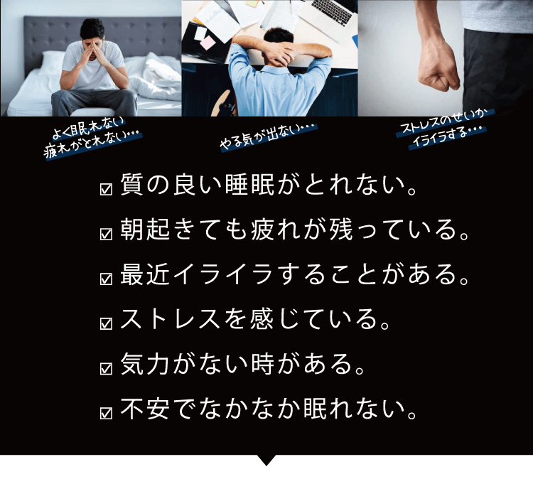 質の良い睡眠がとれない。朝起きても疲れが残っている。最近イライラすることがある。ストレスを感じている。気力がない時がある。不安でなかなか眠れない。