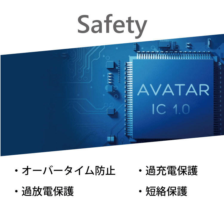 Safety　オーバータイム防止　過充電保護　過放電保護　短絡保護