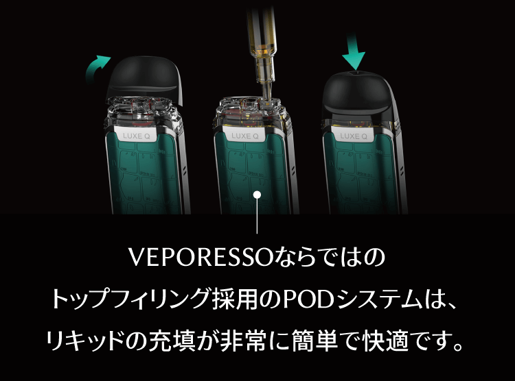 VEPORESSOならではのトップフィリング採用のPODシステムは、リキッドの充填が非常に簡単で快適です。