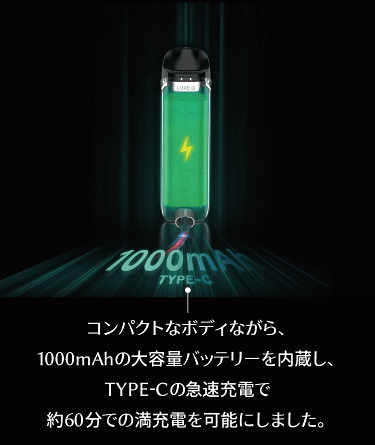 コンパクトなボディながら、1000ｍAhの大容量バッテリーを内蔵し、TYPE-Cの急速充電で約60分での満充電を可能にしました。