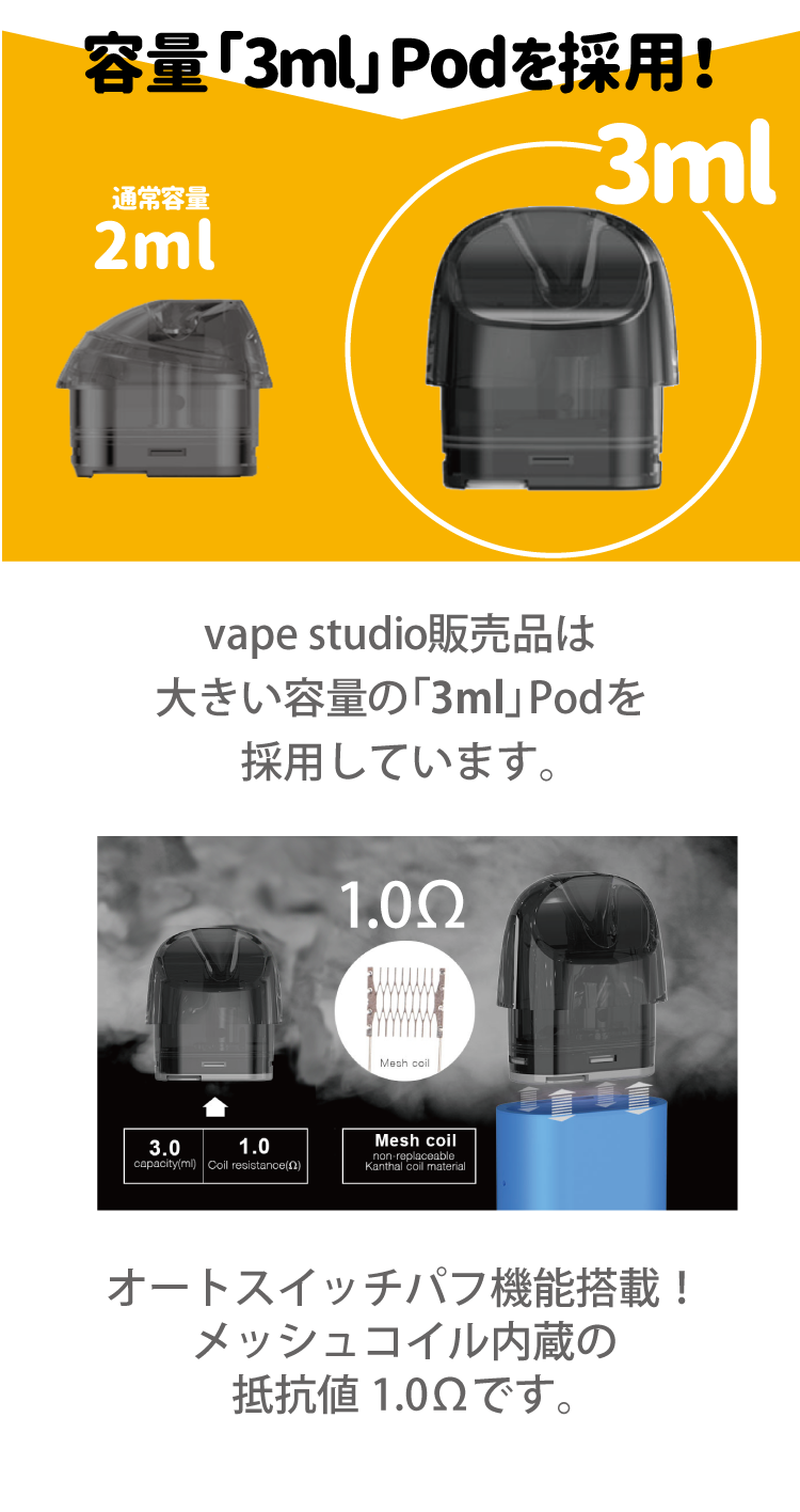 容量「3ml」Podを採用！vape studio販売品は大きい容量「3ml」Podを採用しています。オートスイッチパフ機能搭載！メッシュコイル内蔵の抵抗値1.0Ωです。