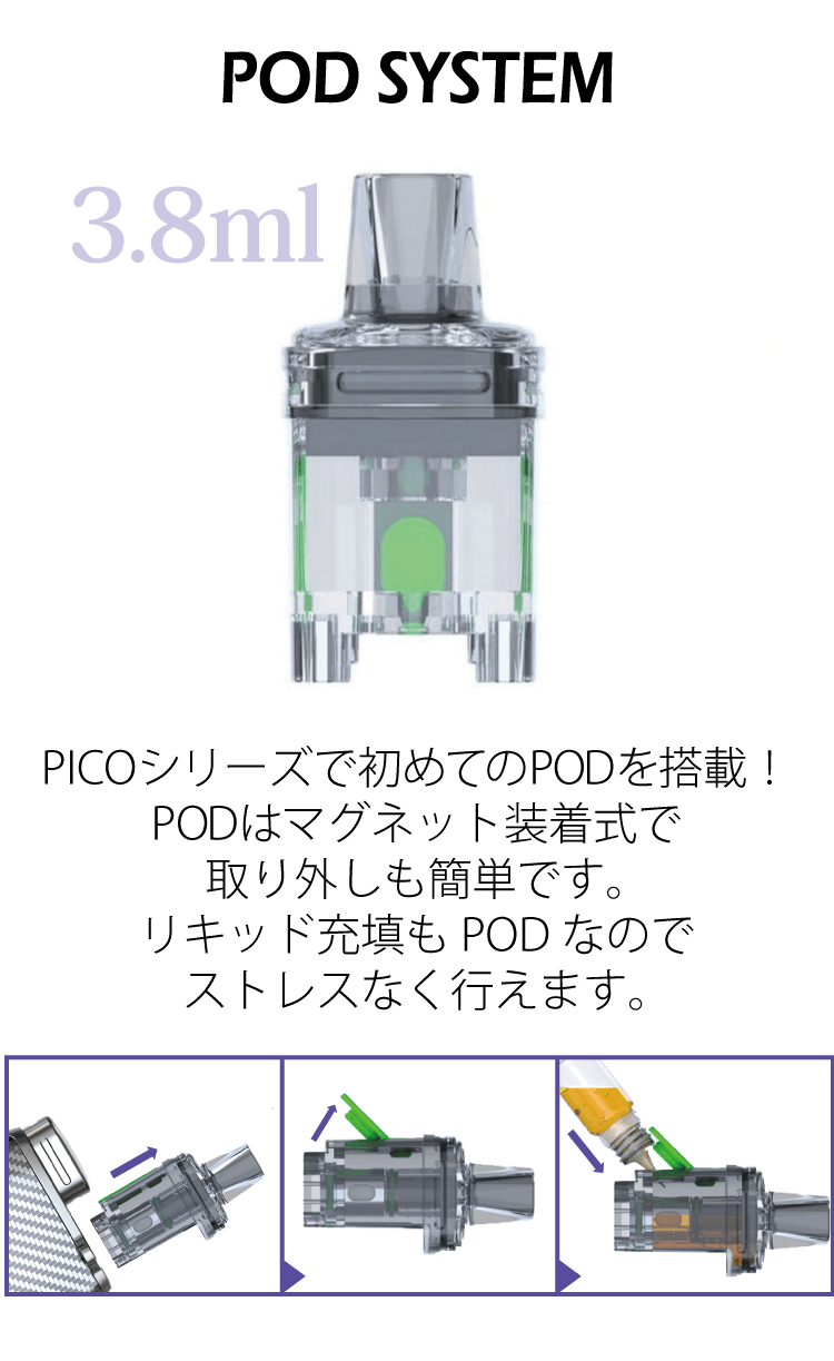 POD SYSTEM PICOシリーズで初めてのPODを搭載！PODはマグネット装着式で取り外しも簡単です。